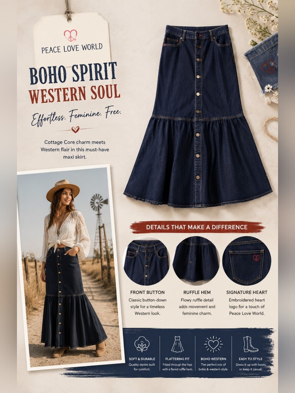 Peace Love World Cottage Core Boho Western Maxi Skirt Front Button with Ruffle